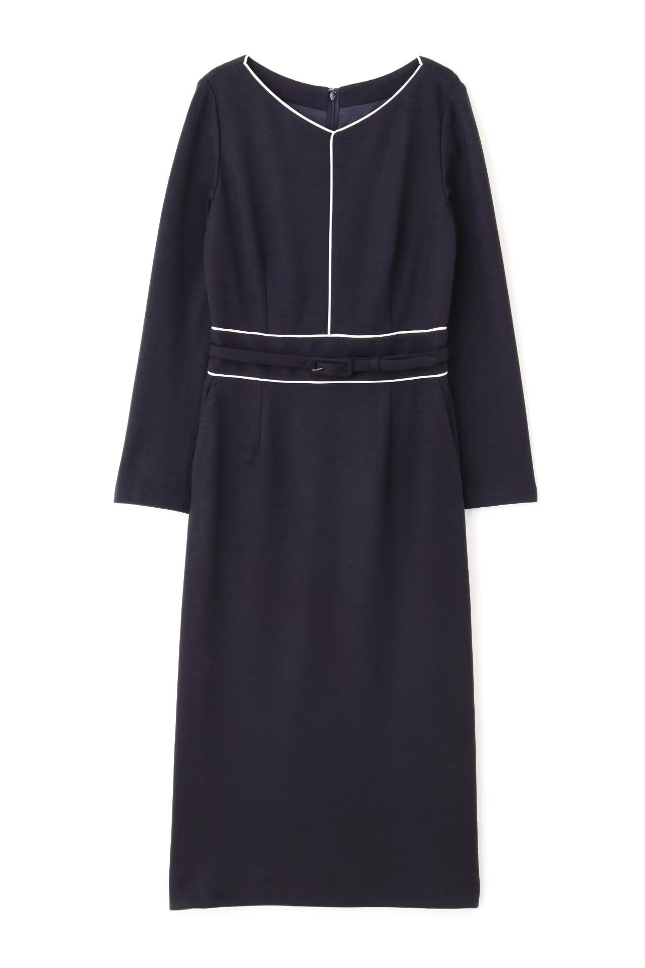 バイカラーパイピングワンピース (ネイビー) / アクリル / ストレッチ / 裏地付き / 日本製 / 0314270827