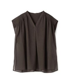 コットンクレープ シャーリングブラウス(ブラウン) コットン / Vネック / 透け感 / 手洗可 / 11-01-62-01504