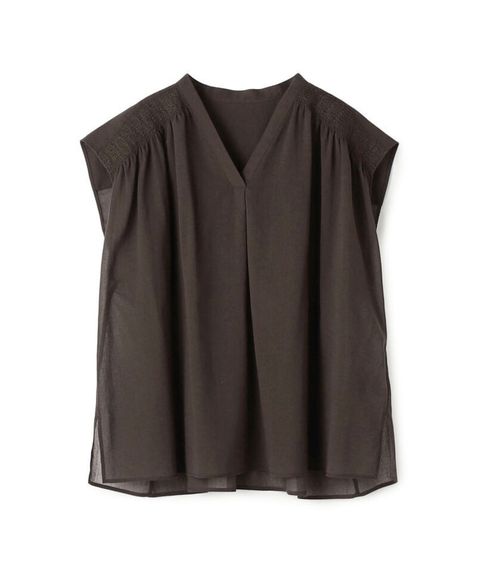 コットンクレープ シャーリングブラウス(ブラウン) コットン / Vネック / 透け感 / 手洗可 / 11-01-62-01504