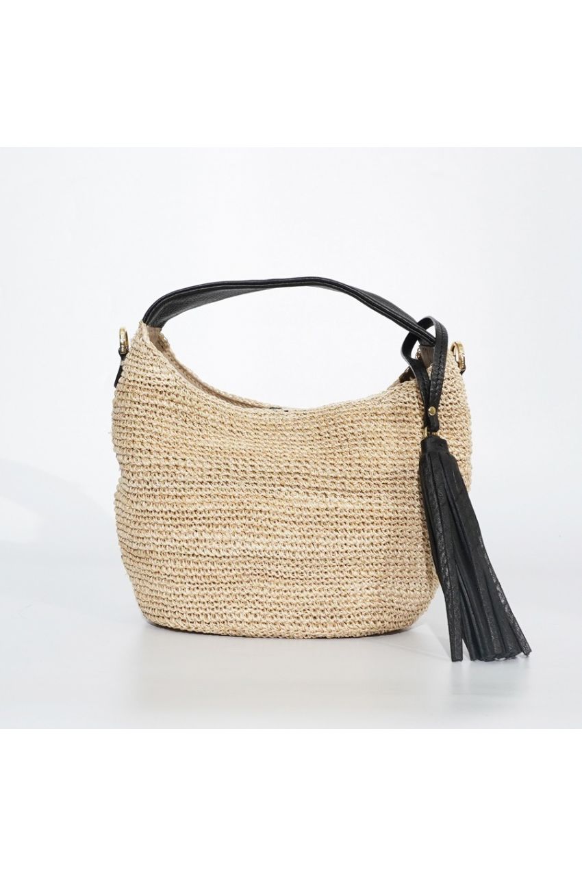 SANDRO / V-8477 / Natural（Black） / アバカ / 牛革 / ワンショルダーバッグ（ブラック）サンドロ / マグネット開閉 / ファスナーポケット有り / カゴバッグ【正規販売店】