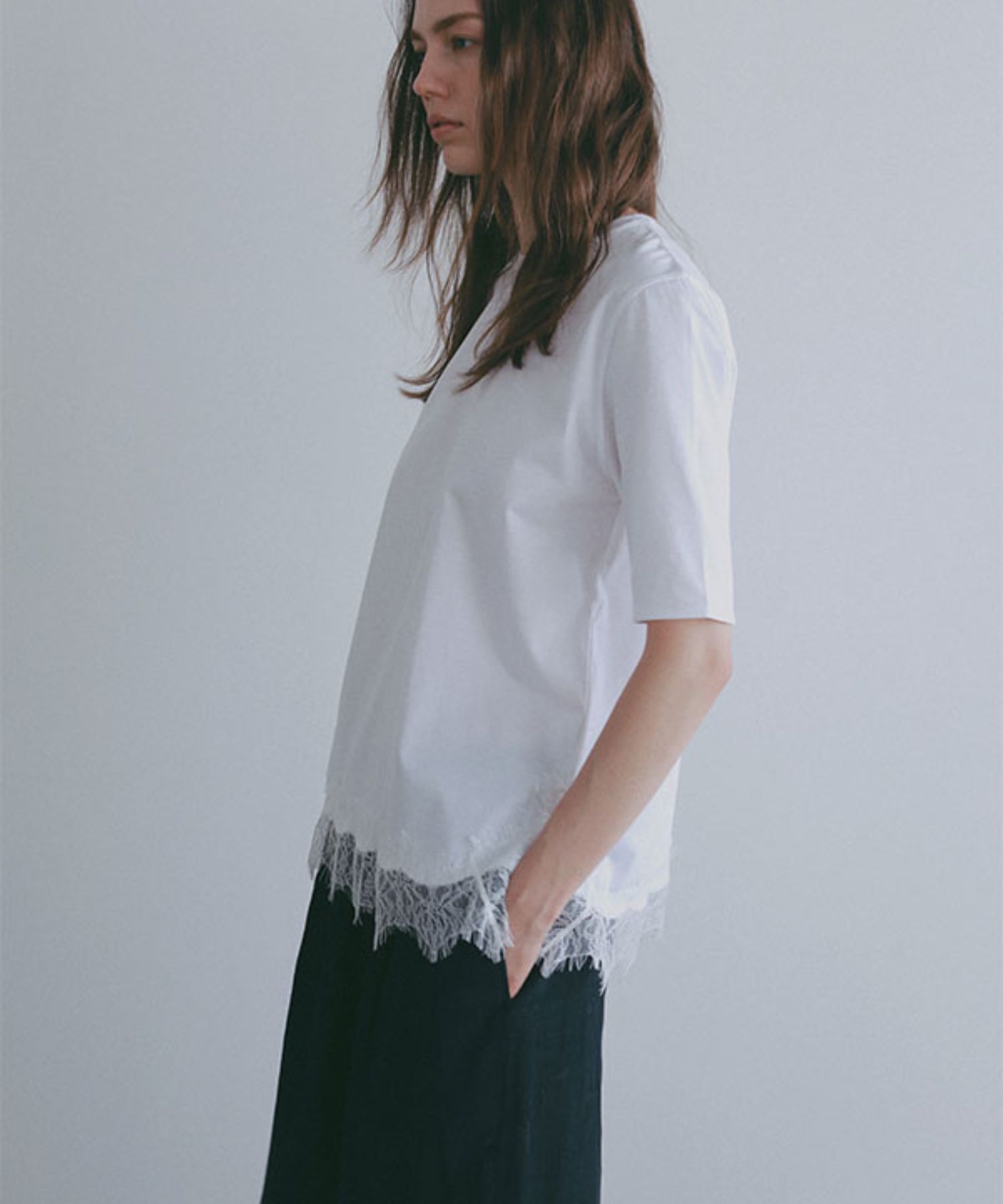 クルーネックヘムレースTee ( WHITE ) 綿 / 通気性有り / 薄手 / 手洗可 / 1226212194