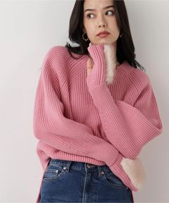 ファーグローブ付き畦ニットプルオーバー(ピンク)毛 / 脇スリット / ストレッチあり / 0315270126
