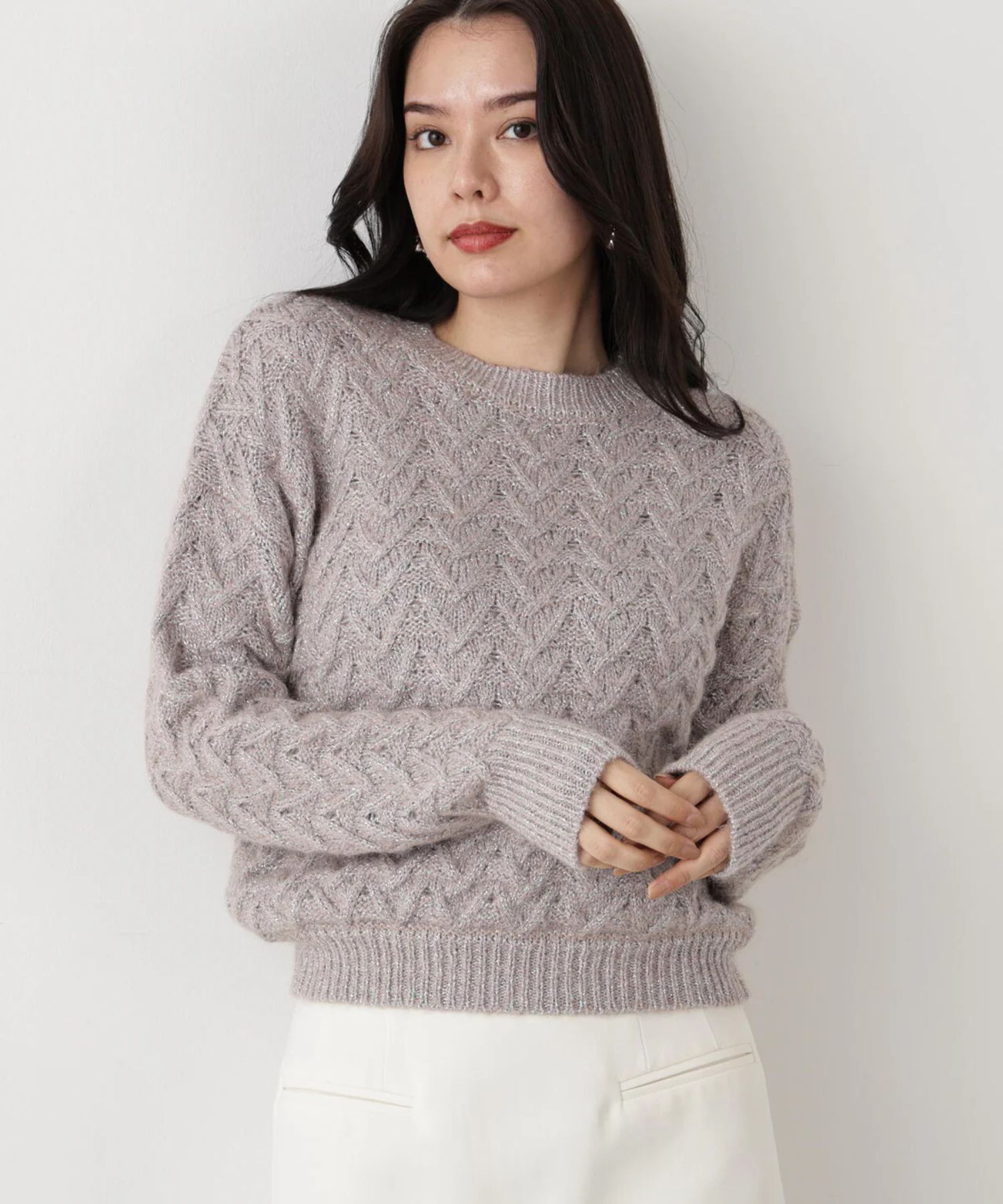 ラメケーブルニットプルオーバー(ピンク)ナイロン / 裏地なし / ストレッチあり / 0315270112