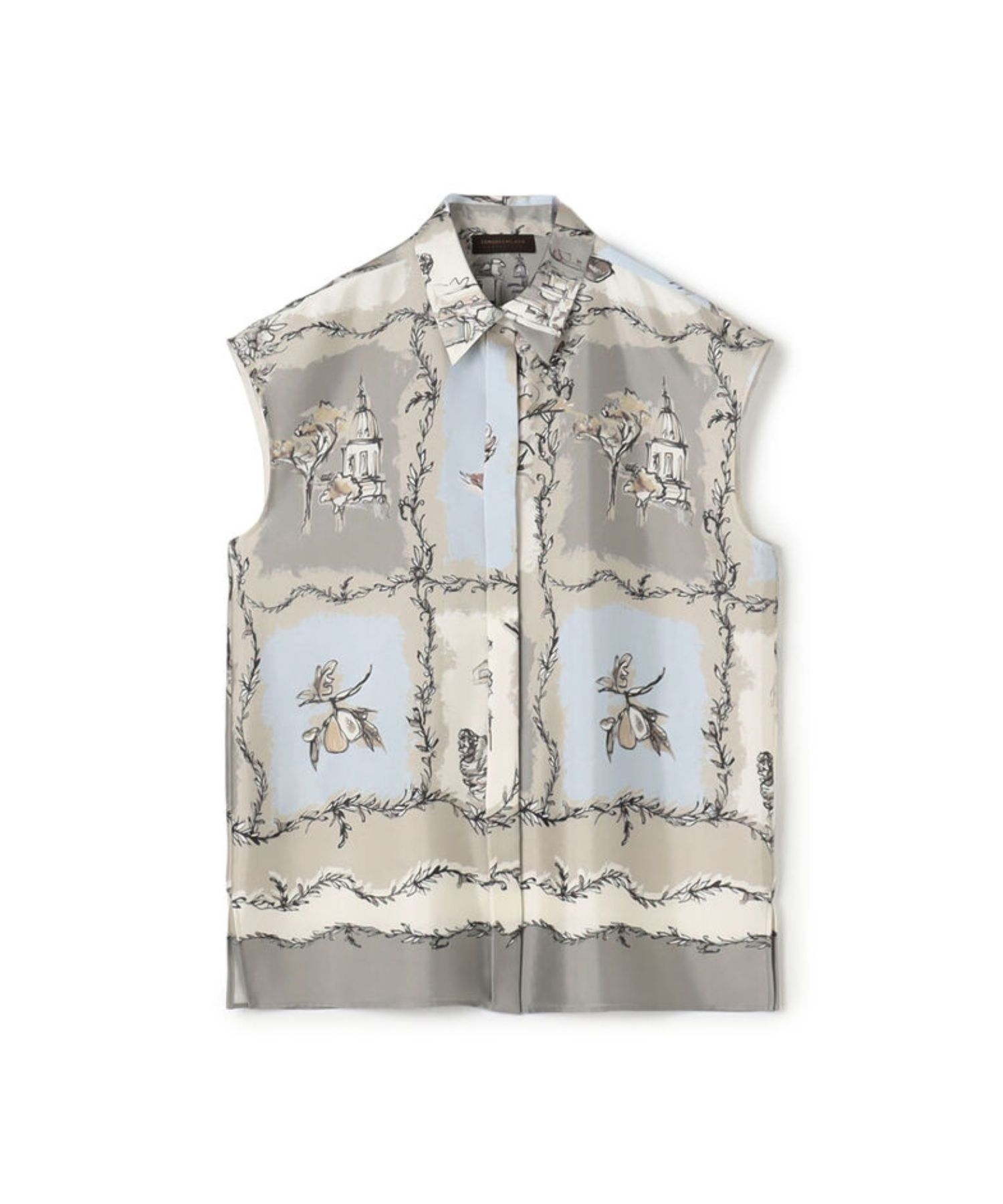 ローマプリント フレンチスリーブブラウス (ライトベージュ系) ポリエステル / 前ボタン / 手洗可 / 13-01-62-01252