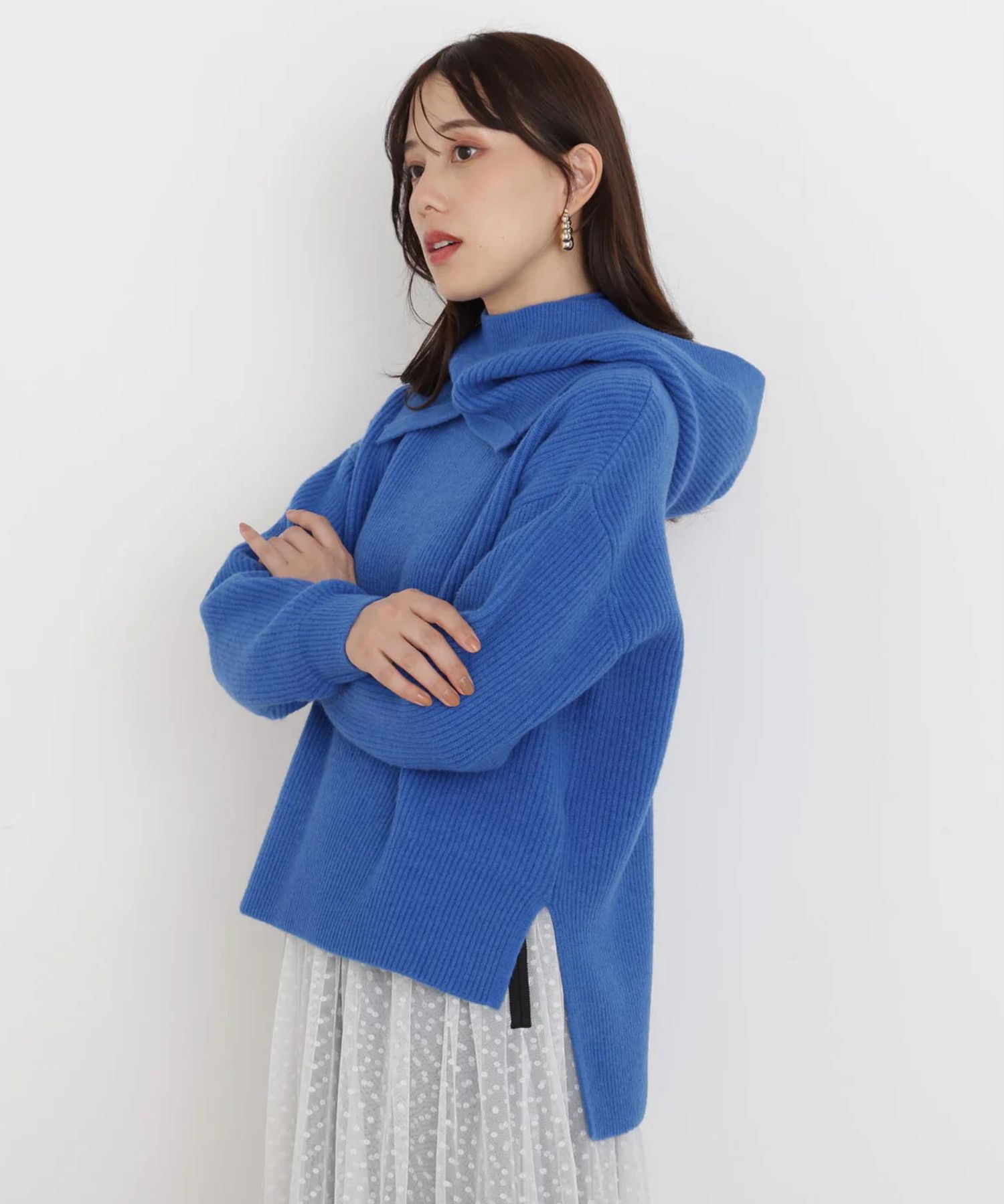 フードスヌード付きニットプルオーバー(ブルー)アクリル / ストレッチあり / かぶって着用 / スヌード付き/ 0316170131