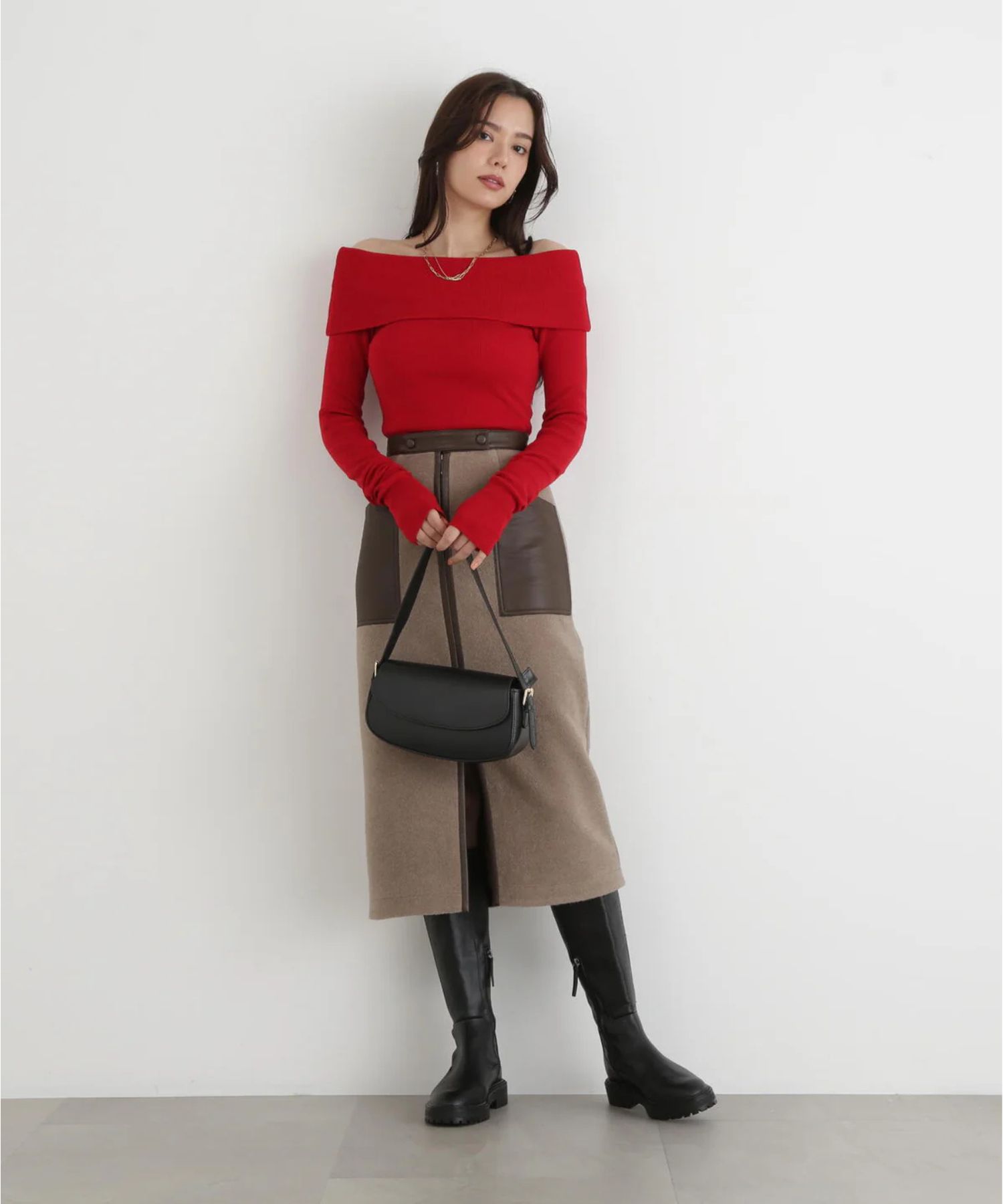 ウールレットジップスカート(トープ)ポリエステル100% / 裏地なし / 前スリット / 0315220106