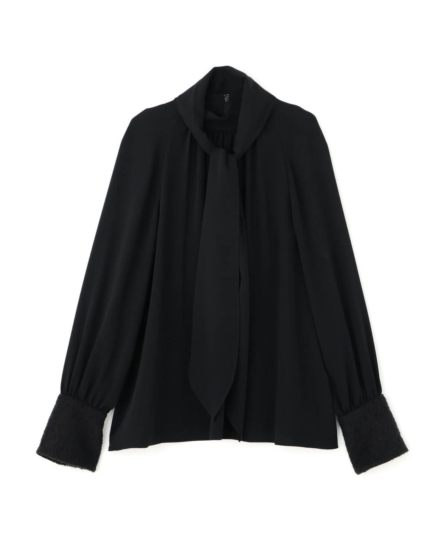 ジャギーカフスリボンブラウス(ブラック)ポリエステル / ウォッシャブル / 手洗い可 / ストレッチあり / 裏地無し / 後衿ファスナーあき / 取り外し可能共布リボン付き / 0315210103