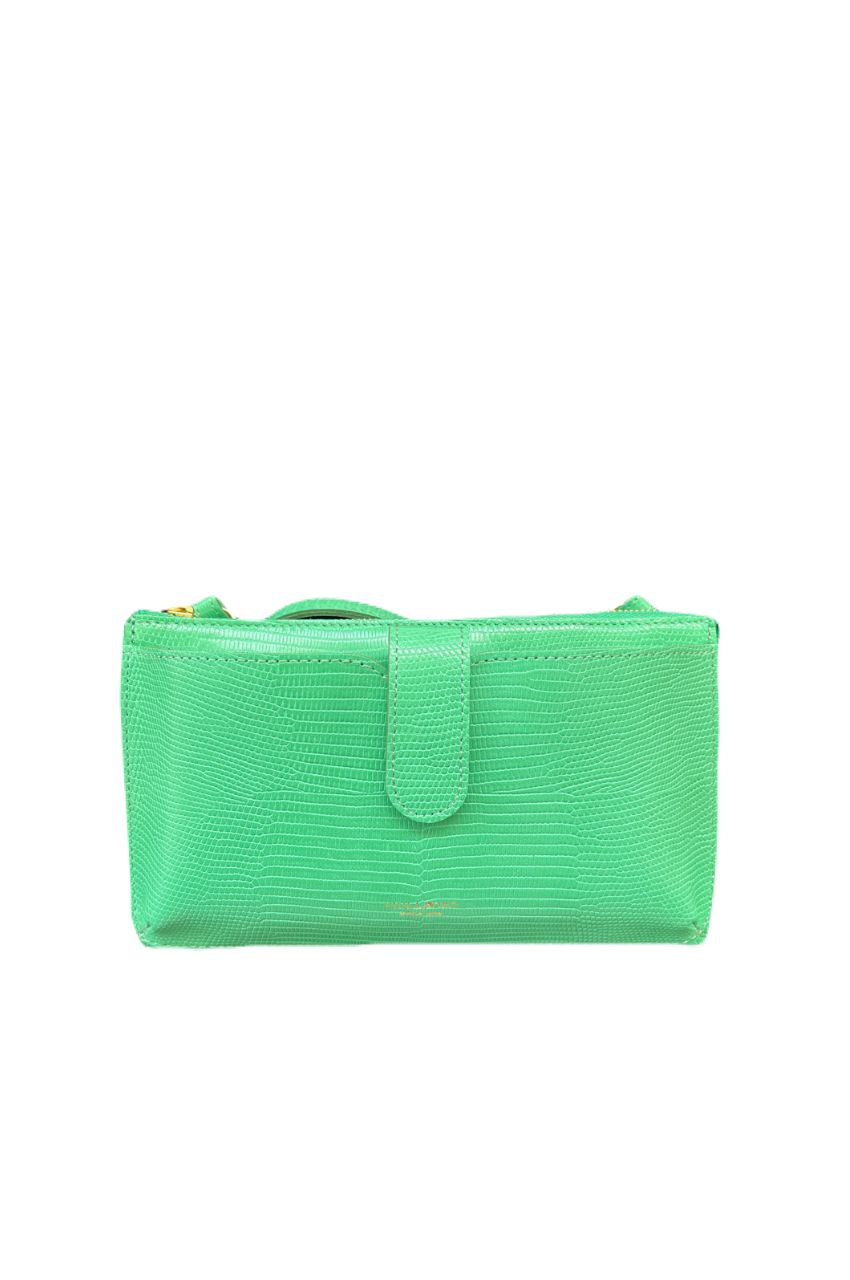 ADRIA / V-1326（Kelly green）リザード型押しレザー 横型スマートフォンポシェット（ケリーグリーン）牛革 / アドリア / ショルダーバッグ / ショルダーストラップ付き / マグネット開閉 /  iPhone14ProMax入る【正規販売店】