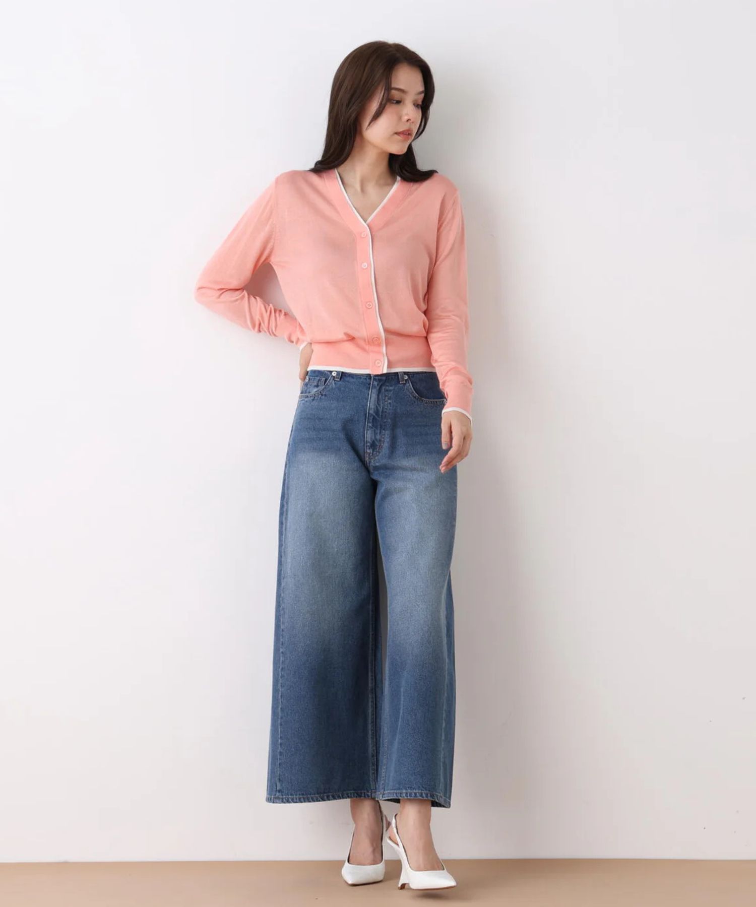 Vネックパレットニットカーディガン(ピンク)再生繊維 / ウォッシャブル / 手洗い可 / ストレッチあり / 前釦開き / 裏地無し / 0316175211