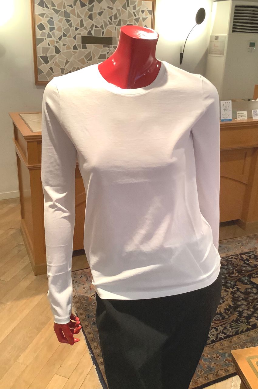 クルーネックTシャツ (ホワイト) コットン100％ / ロングスリーブ / コンパクトシルエット