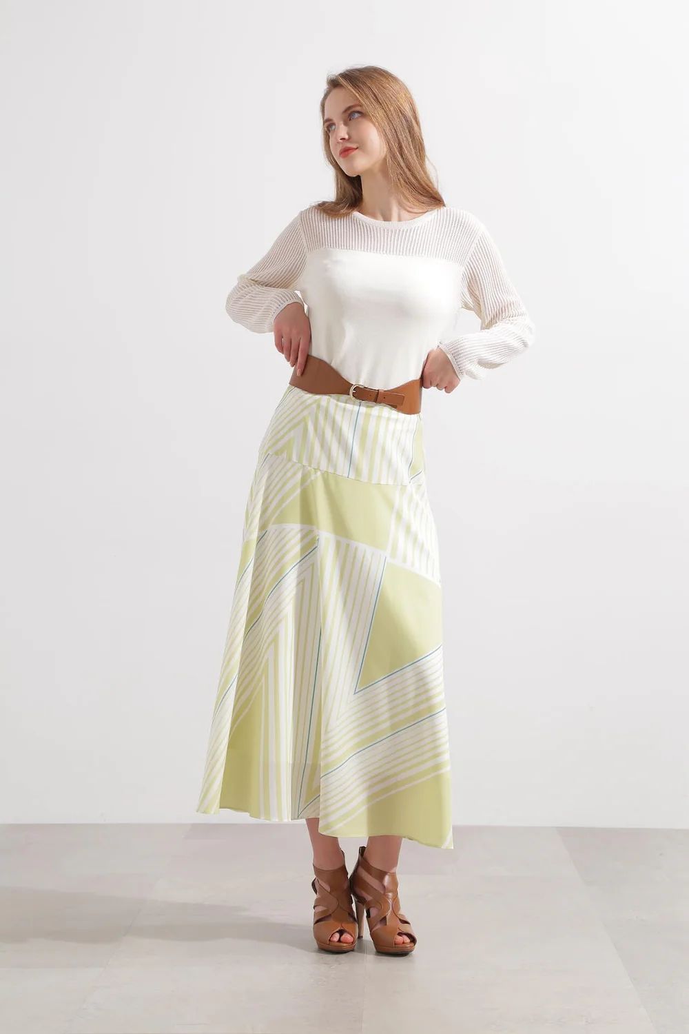 トライアングルボーダープリントスカート (イエロー) / ポリエステル 100% / ウォッシャブル / セットアップ / 0315120311