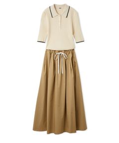 ポロニット×タックフレアスカートドッキングワンピース (IVR) 綿 / 5分袖 / ウエストリボン / スカート裏地有り / 09WFO261135