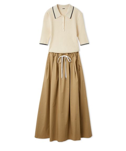 ポロニット×タックフレアスカートドッキングワンピース (IVR) 綿 / 5分袖 / ウエストリボン / スカート裏地有り / 09WFO261135