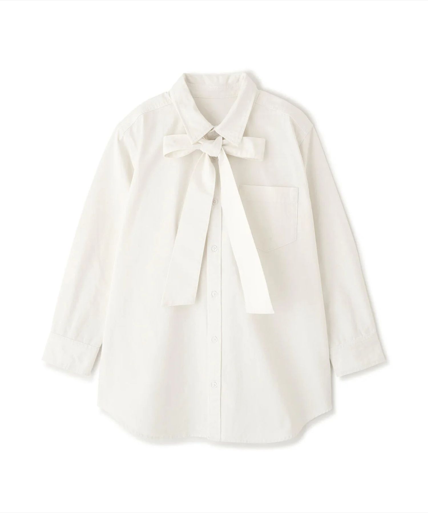 ネックリボンデニムシャツ(ホワイト)コットン100% / ストレッチなし / ボタンあき / 取り外しボウタイ付き / 胸ポケット×1 / 0316110108