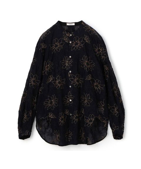 フラワーエンブロイダリー チュニックブラウス (ネイビー系) コットン / 透け感/  ラメ / 手洗可/ 12-01-54-01005