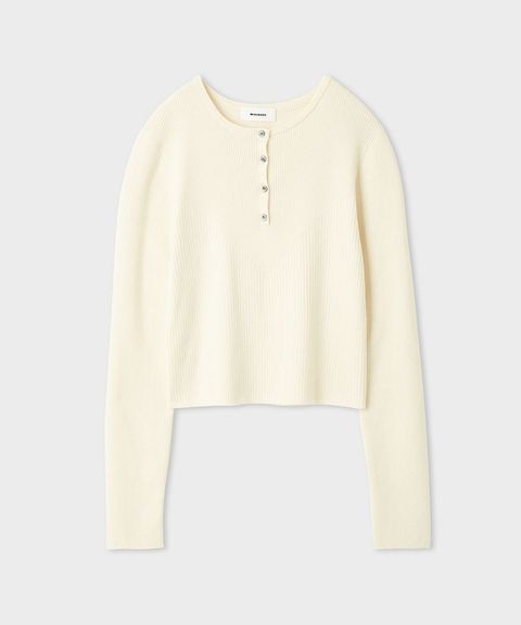 ウールシルク混ヘンリーネックリブニット(ホワイト)ポリエステル / ウォッシャブル / 手洗い可 / MWNT255027