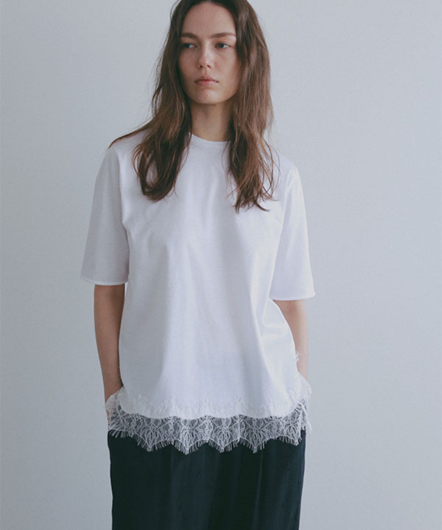 クルーネックヘムレースTee ( WHITE ) 綿 / 通気性有り / 薄手 / 手洗可 / 1226212194
