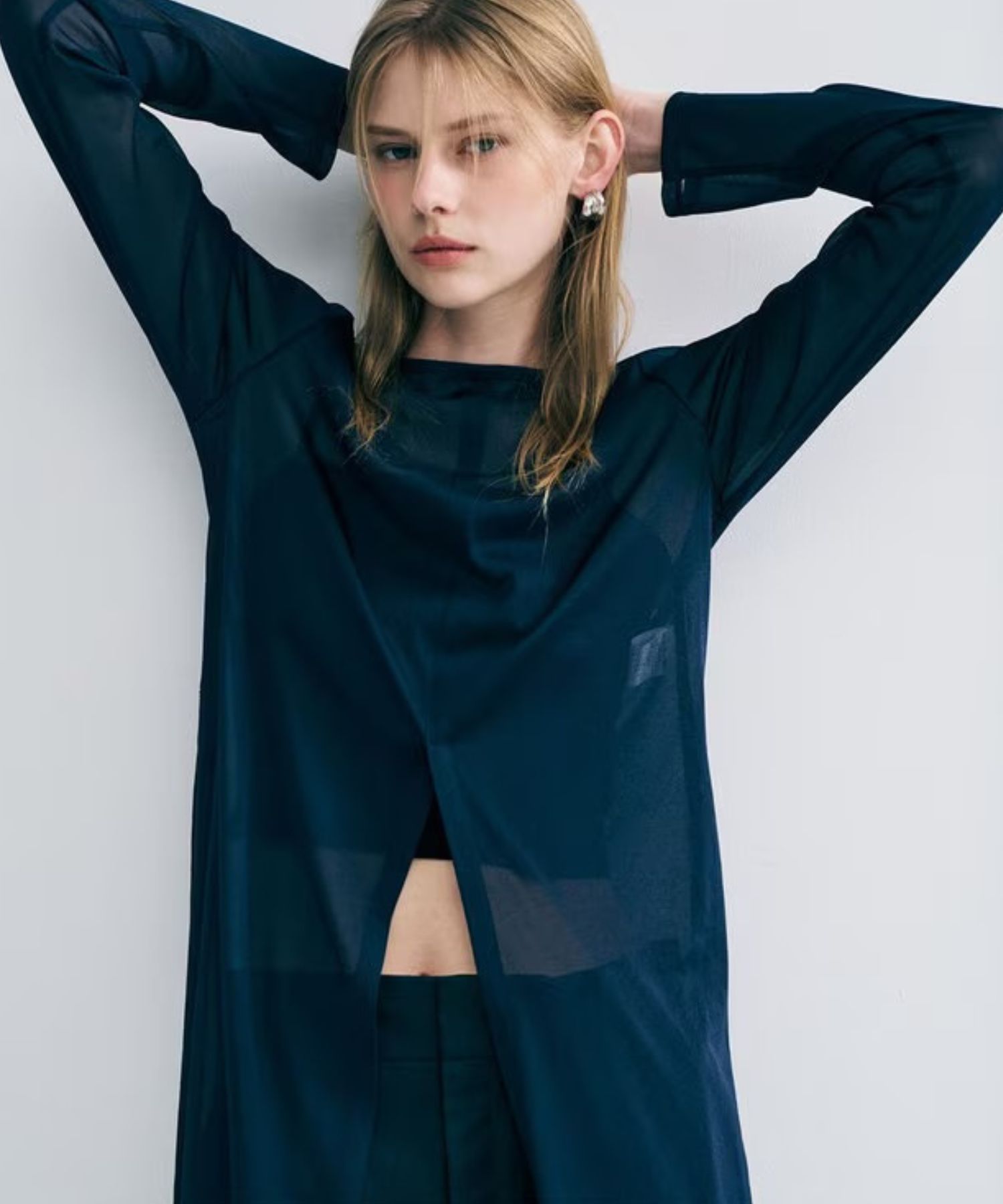 トリコットシフォンカシュクールトップス(ネイビー) ポリエステル / ウォッシャブル / シアージャージ素材/ ボートネック / フロントスリット / KKUVGW0102