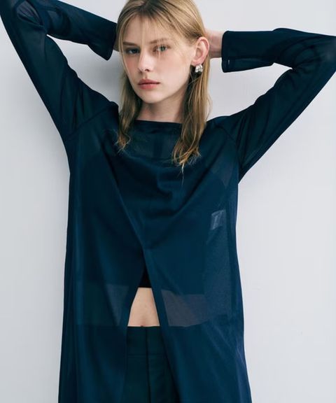 トリコットシフォンカシュクールトップス(ネイビー) ポリエステル / ウォッシャブル / シアージャージ素材/ ボートネック / フロントスリット / KKUVGW0102