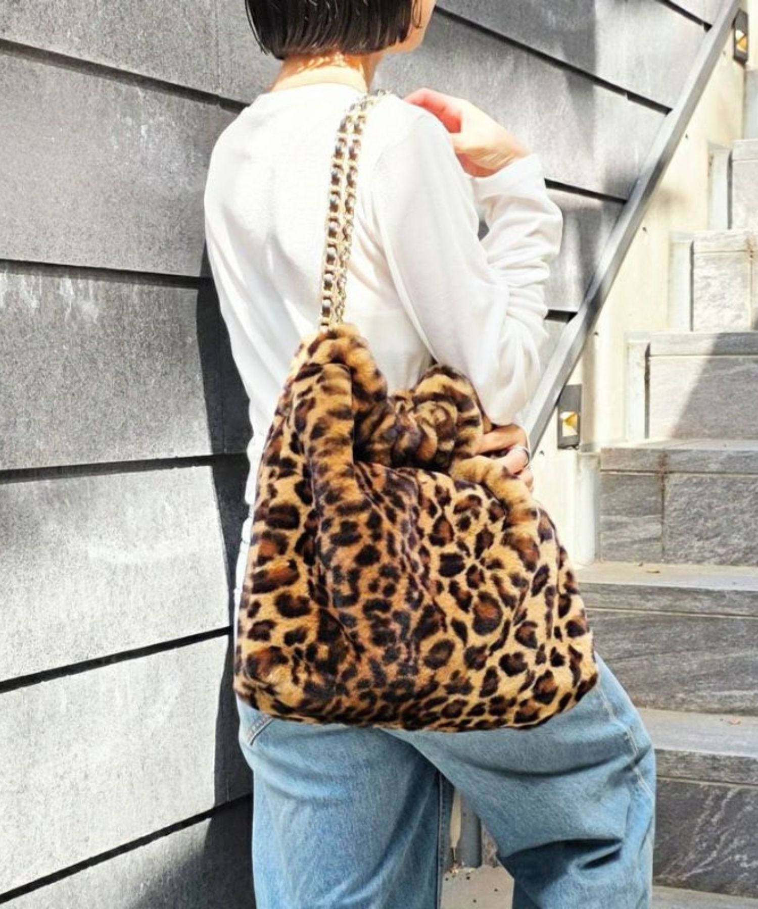 エコファートートバッグ(Leopard beige(Black) ) ポリエステル /  マグネット開閉 / チェーンショルダー /  V-8924