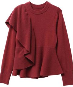 ショルダーフリルペプラムニット(ボルドー)ポリエステル / アシンメトリーフリルディテール / 5125626212