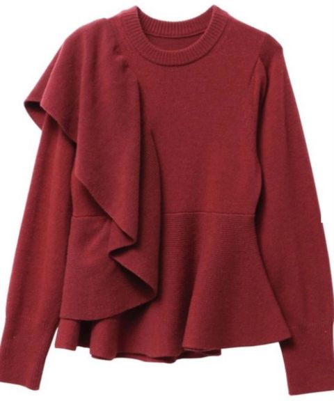 ショルダーフリルペプラムニット(ボルドー)ポリエステル / アシンメトリーフリルディテール / 5125626212