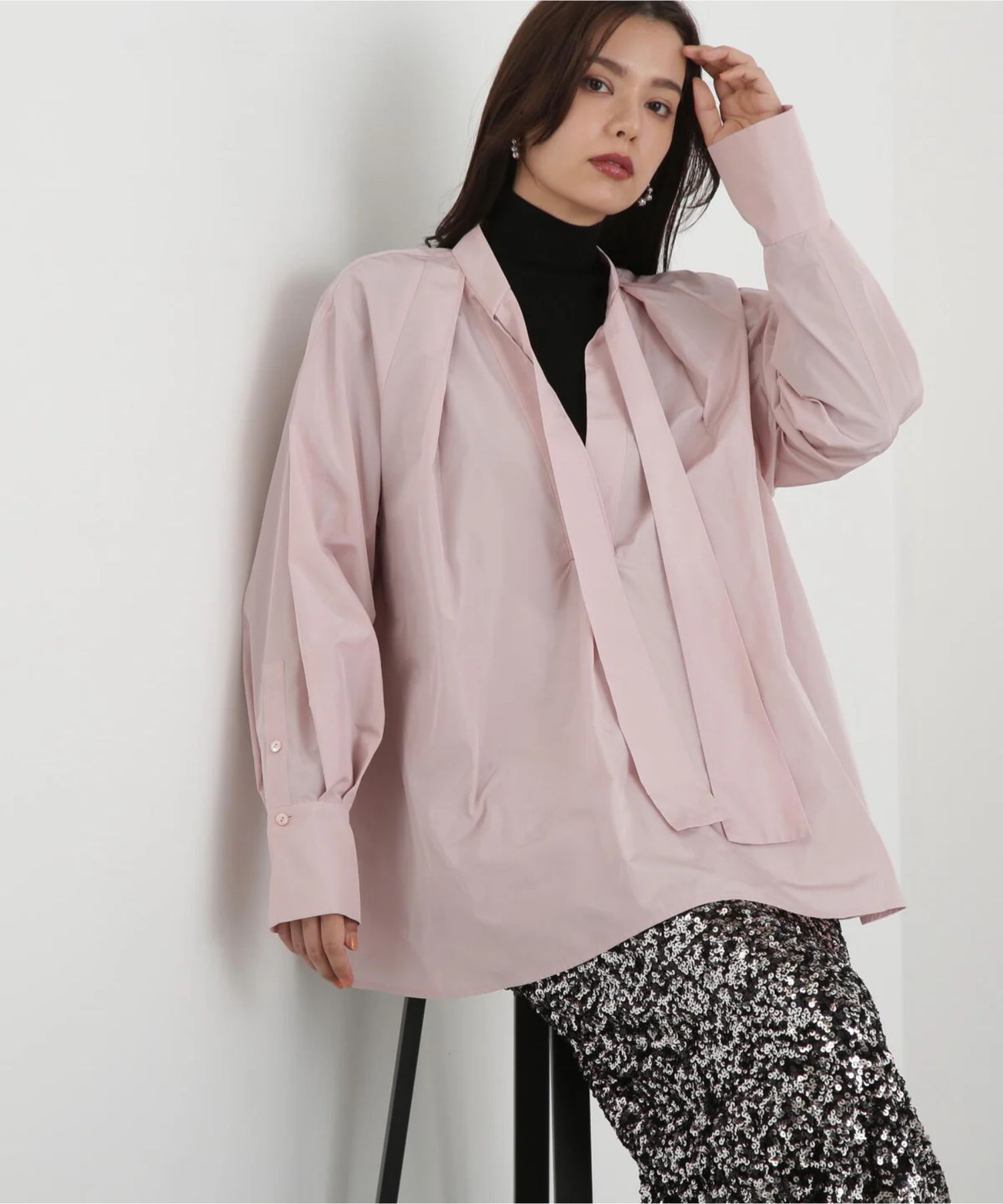 タックフレアボウブラウス(ローズピンク)ポリエステル100% / 手洗い可 / 形状記憶 / 0315210105