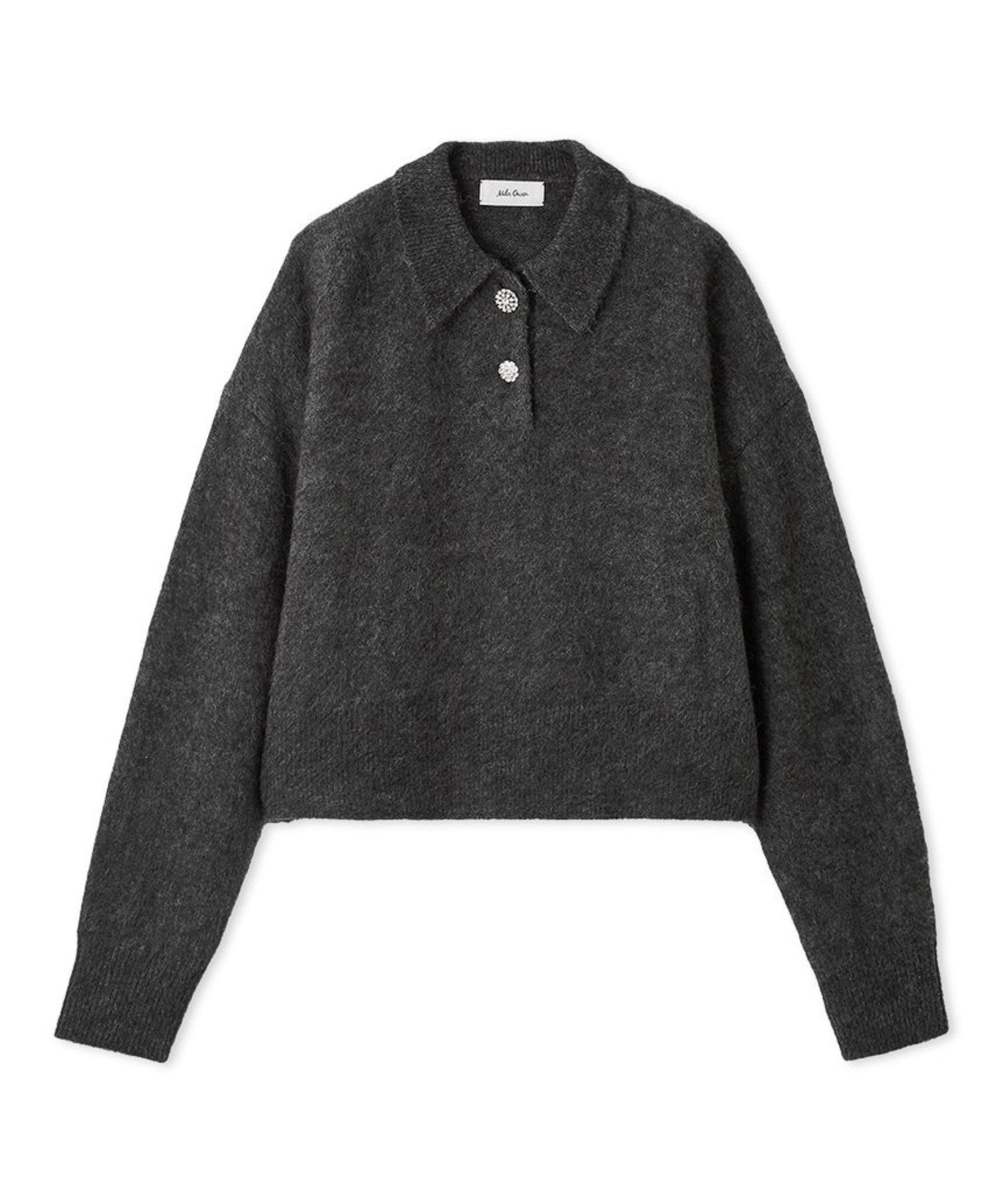 ビジュー釦クロップドポロニットプルオーバー (GRY) ウール /  ビジューボタン / ポロ衿 / ふんわり質感 / 09WNT255104