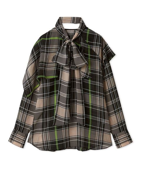 チェックボウタイブラウス (BLK) ポリエステル /ボウタイ取外し可能 / シアー / 柔らかい  / 09WFB261109