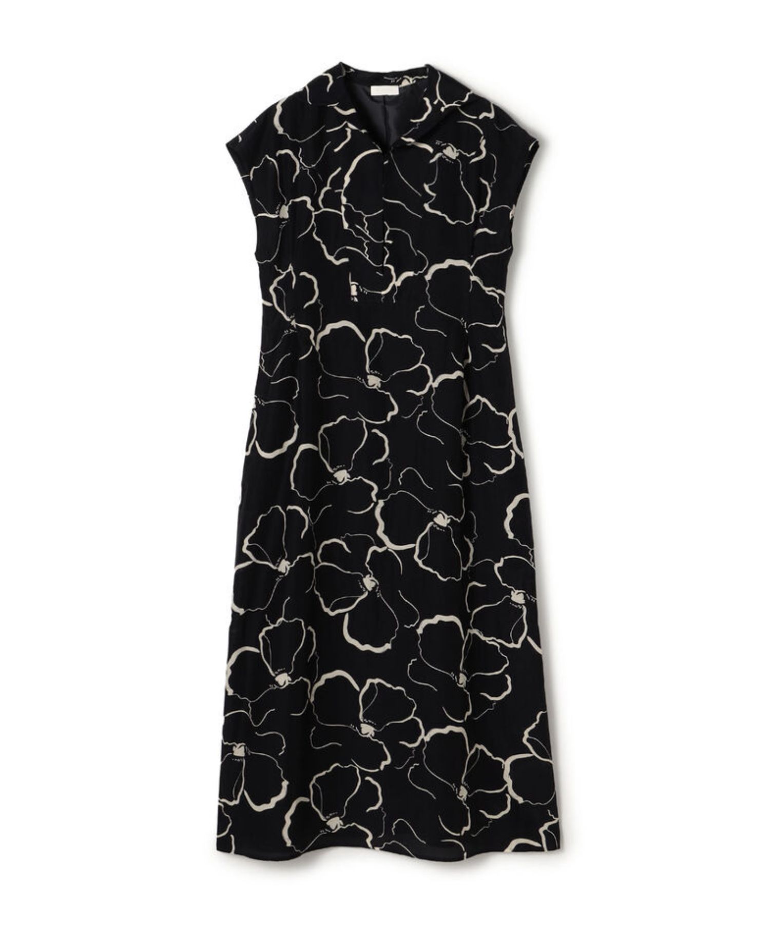 ドローイングフラワープリント スキッパーカラーワンピース (ネイビー系) キュプラ / 裏地有り / 光沢有り / 手洗可 / 11-06-62-06233