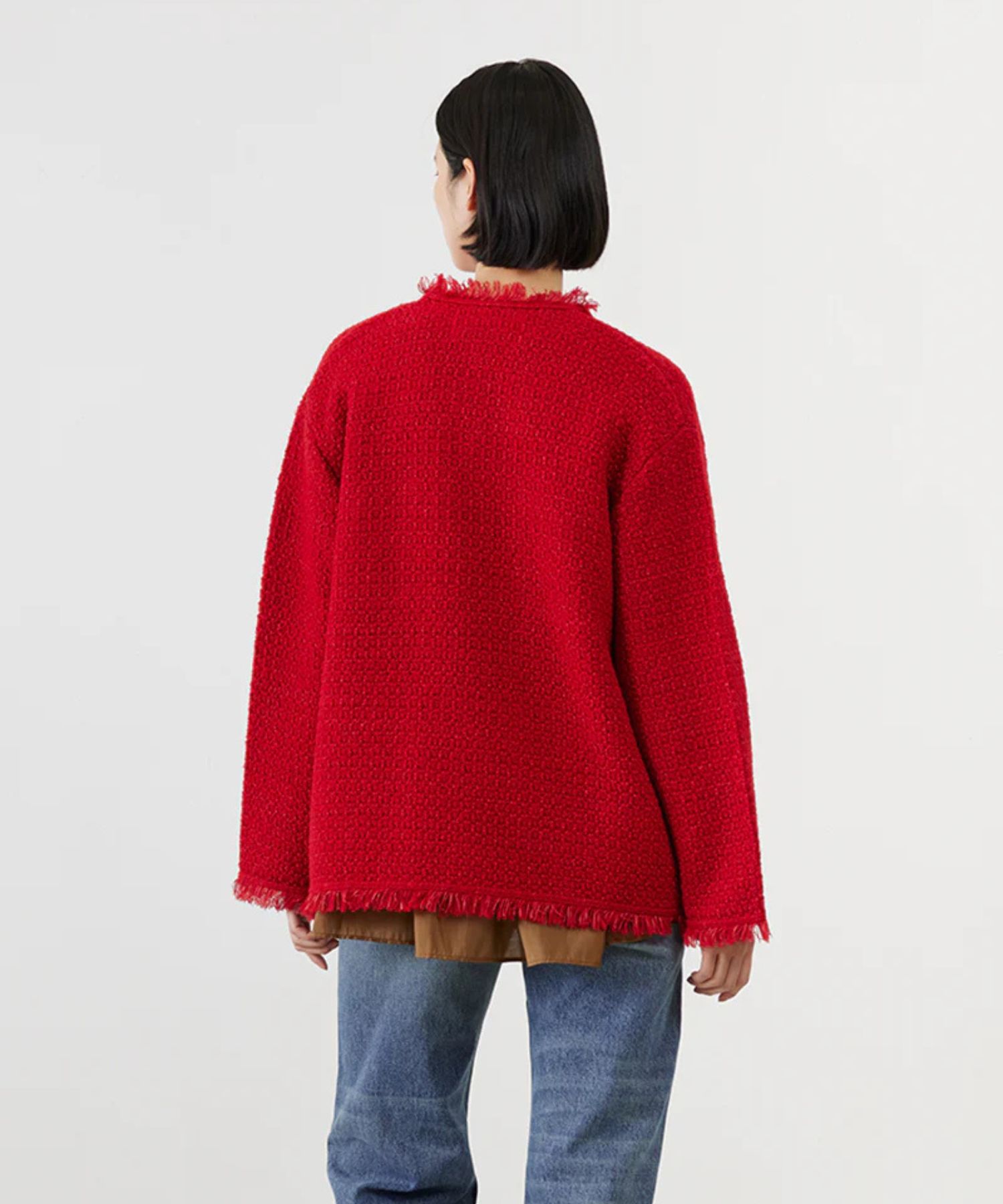 TWEED KNIT JACKET (RED ) ポリエステル / 異素材MIX / ノーカラー / 金釦 /ADWS-501-29
