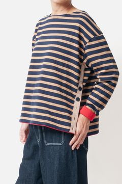 Side open basque shirt (ライトブラウン) 綿 / サイドボタン / ボーダー/ 配色  /BK242-22253
