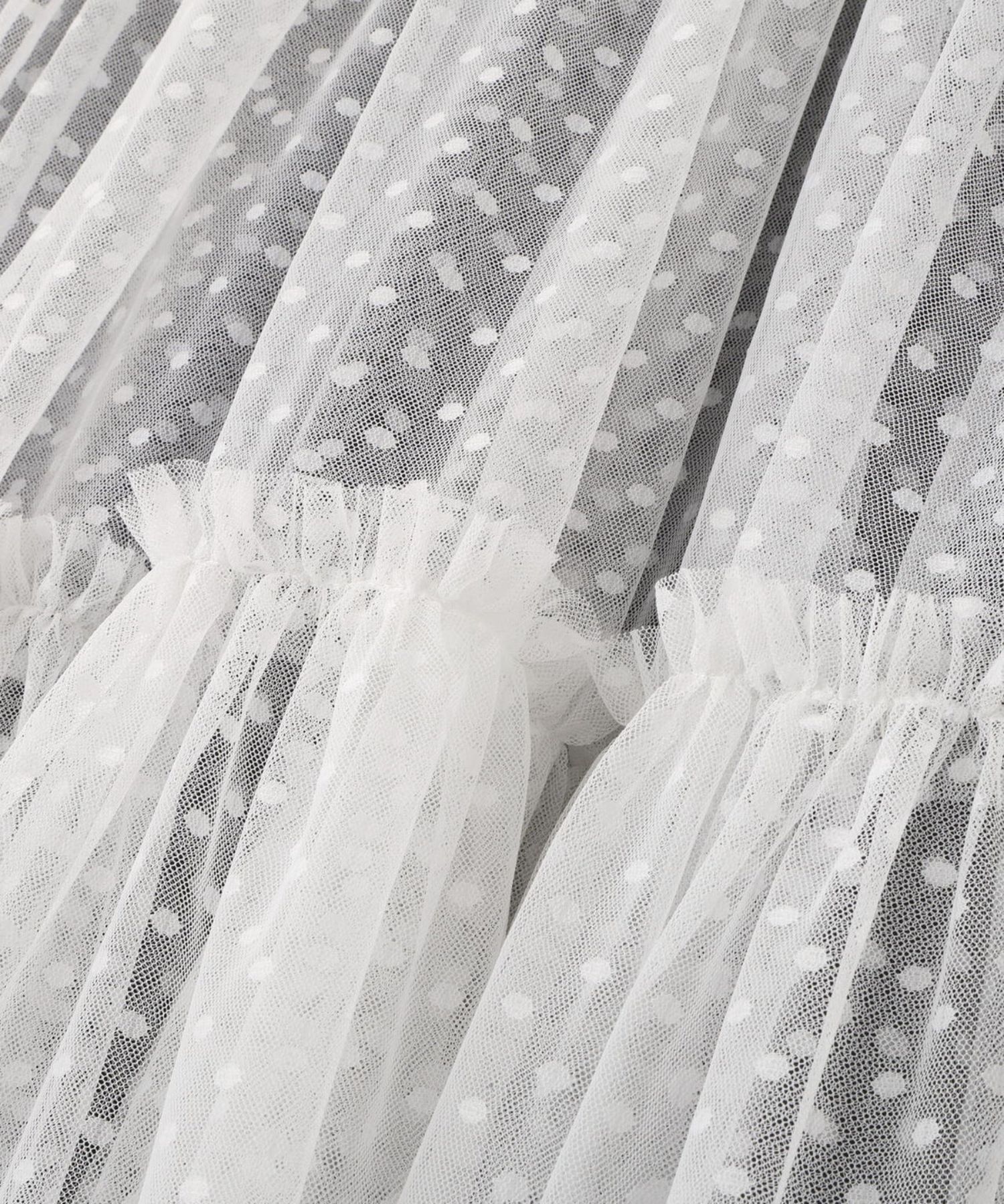 ドットチュールギャザーティアードスカート(ホワイト)ポリエステル / ストレッチなし / 裏地付き / 左脇ファスナー / くるぶしくらいの丈 / 0316120122