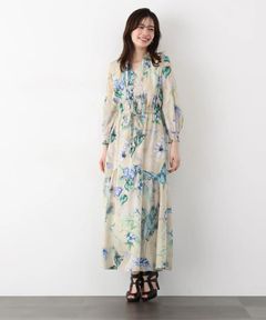 ボタニカルアートプリントワンピース(ベージュ系)ポリエステル / ストレッチ無し / 身頃のみ裏地付き / 両脇にポケットあり×2 / ウエストにゴム+共ひも入り / 前釦は飾り / 0316140317