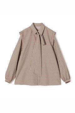 カラーハウンドトゥース ボウタイブラウス (レッド系) ポリエステル / 手洗い可能 / ボウタイ取り外し可能