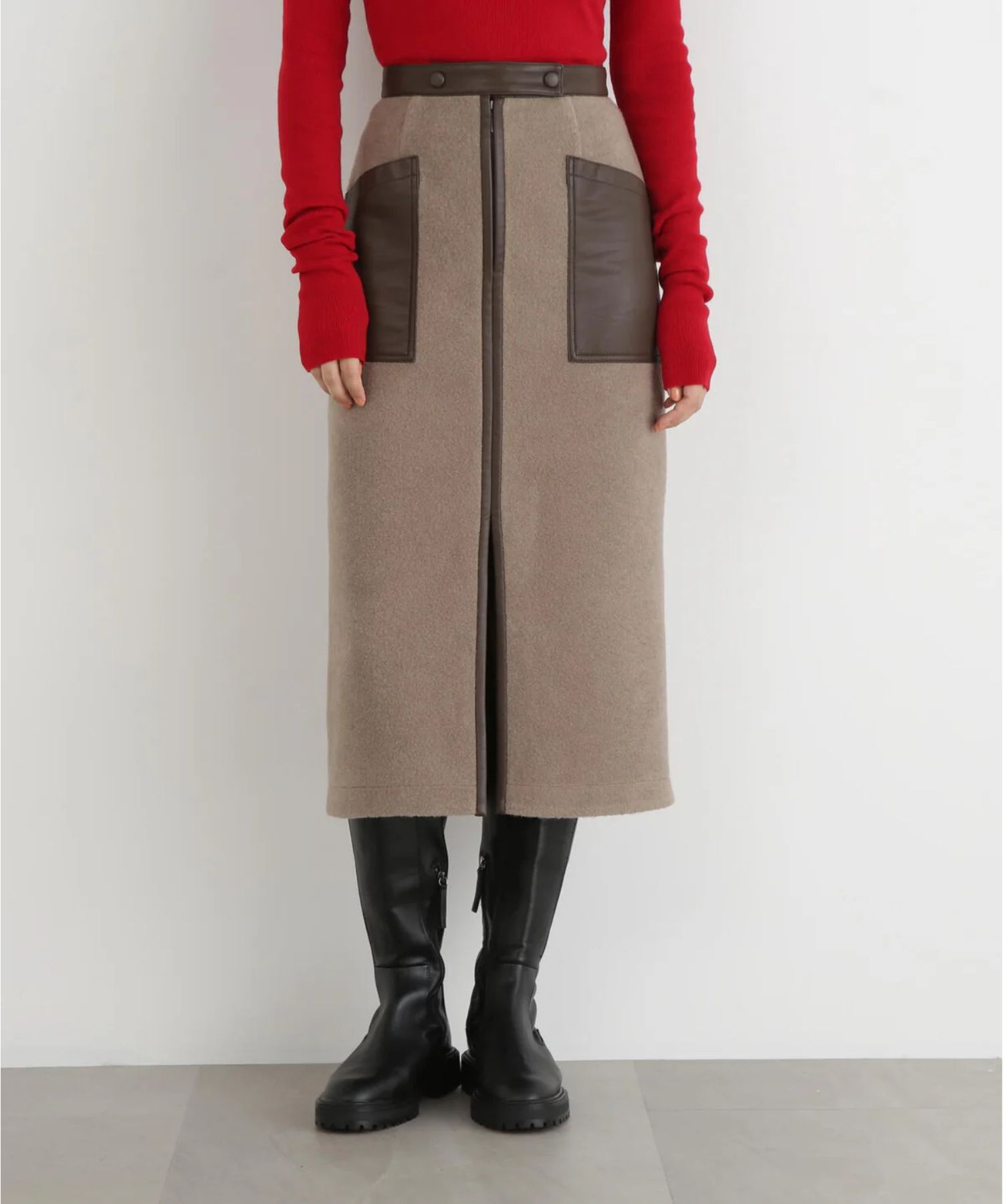 ウールレットジップスカート(トープ)ポリエステル100% / 裏地なし / 前スリット / 0315220106