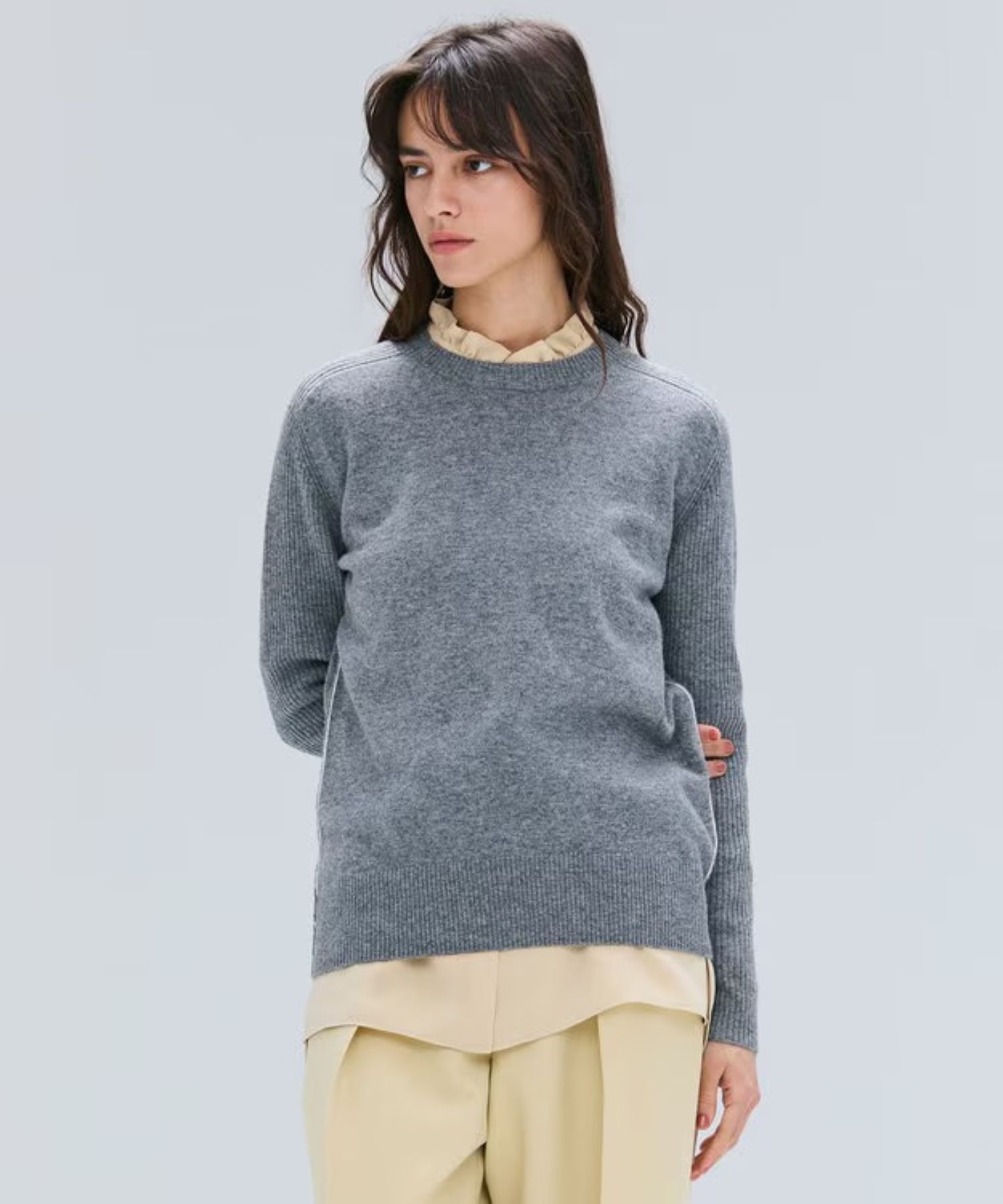 POMPE / ウールカシミヤ配色ラインクルーネックニット ( Charcoal×Off ) ウール / 手洗可 / カシミア混 / KRCWGW0400