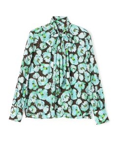 フェザリーフラワープリント ボウタイブラウス (グリーン系 ) ポリエステル / ジョーゼット素材 / サイドスリット / 手洗可 / 11-01-61-01033