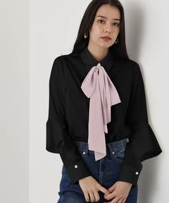 ラッフルスリーブリボンブラウス(ブラック)コットン /ウォッシャブル / 手洗い可 / 裏地無し / 袖カフス上にスリットあり / 0315210119