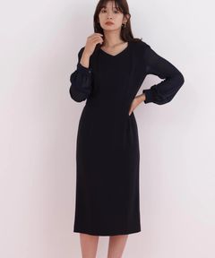 ダイヤモンドネックコンビワンピース(ネイビー)アセテート / ストレッチなし / 身頃裏付き / 後ファスナー / 後ろベンツあり / 膝が隠れる丈 / 0316140112