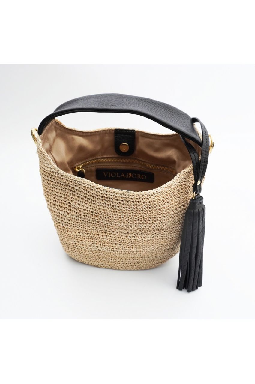 SANDRO / V-8477 / Natural × Black（Black） アバカ / 牛革 / ワンショルダーバッグ（ナチュラル / ブラック）サンドロ / マグネット開閉 / ファスナーポケット有り / カゴバッグ【正規販売店】