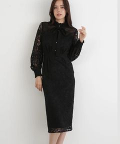 ［URBAN PRECIOUS］フローラルレースワンピース(ブラック)コットン / 裏地つき / 袖口シャーリング / 後ファスナーあき / 後にベンツあり / 0315240124