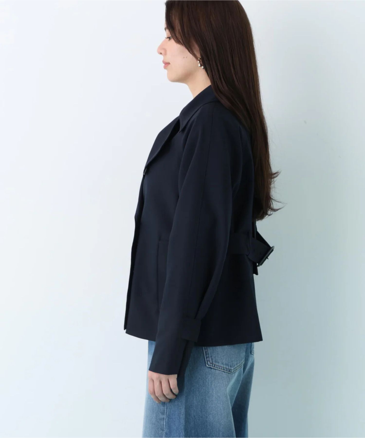 ソフトオックスショートトレンチコート(ネイビー)ポリエステル / ストレッチあり / 前釦あき / 前ポケット×2 / 0316151221