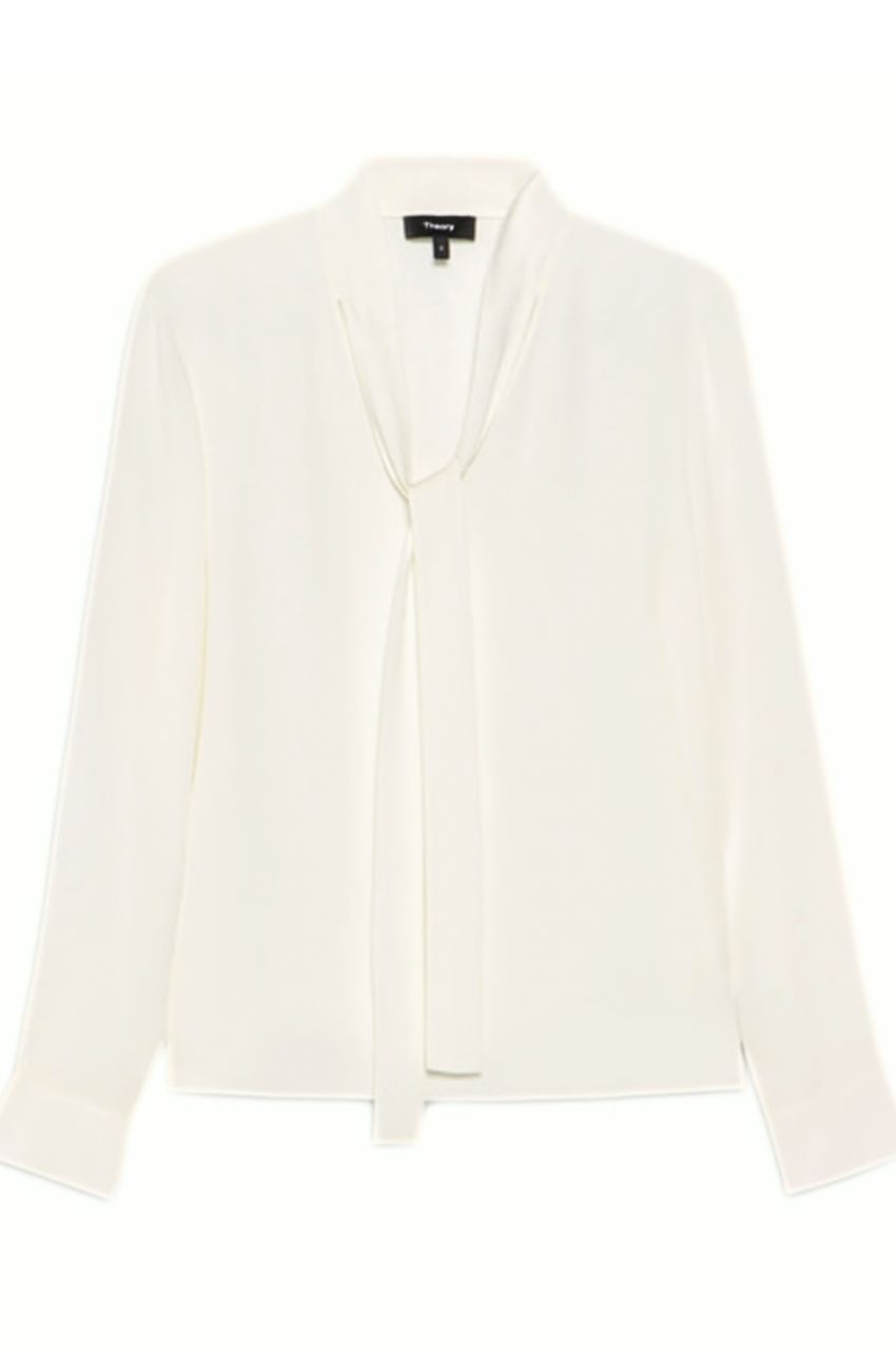 Modern Georgette Open Nk Tie Blouse (アイボリー) シルク / Vネック / ボウタイ / 光沢有り / 01-5108210