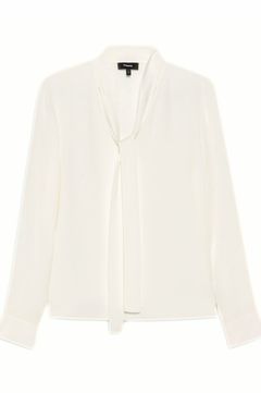 Modern Georgette Open Nk Tie Blouse (アイボリー) シルク / Vネック / ボウタイ / 光沢有り / 01-5108210