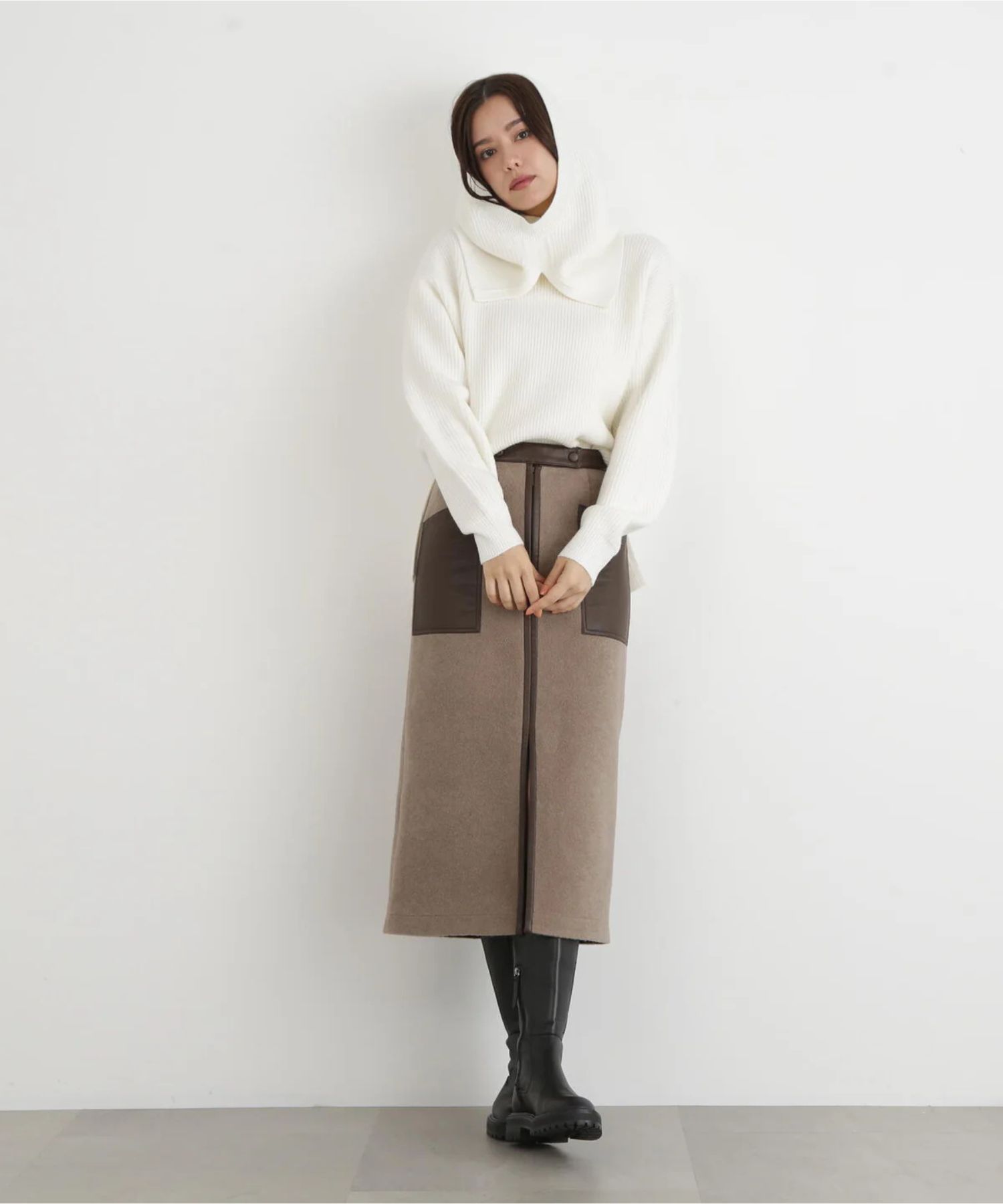 ウールレットジップスカート(トープ)ポリエステル100% / 裏地なし / 前スリット / 0315220106