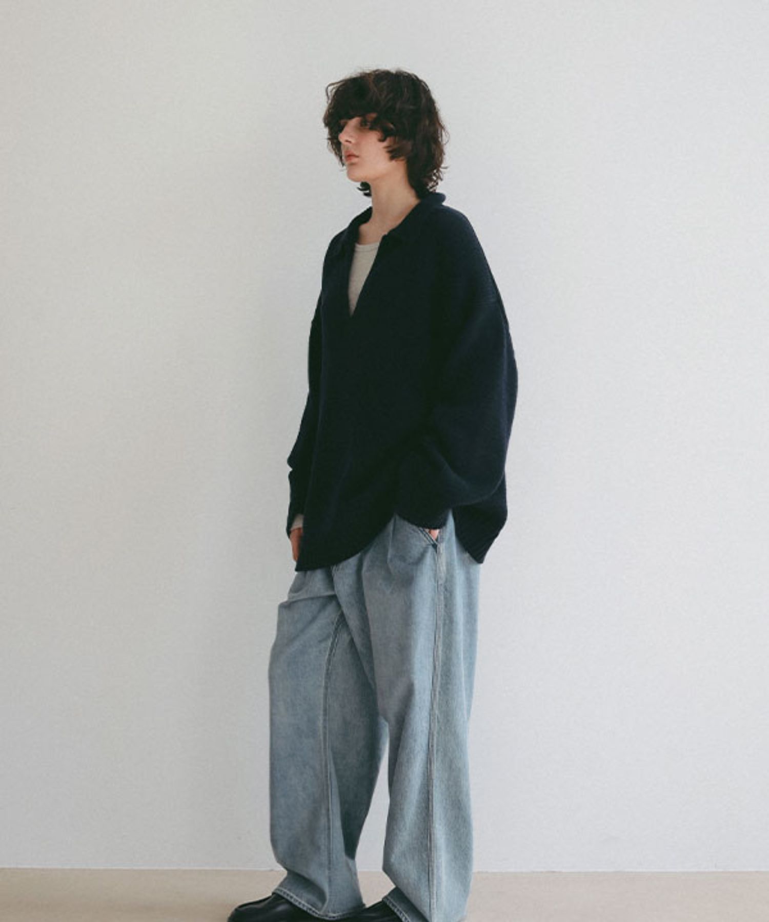 オーバーサイズスキッパーニットプルオーバー (NAVY) 綿 / ドライタッチ / 袖口と裾リブ / 柔らかい / 1226111045