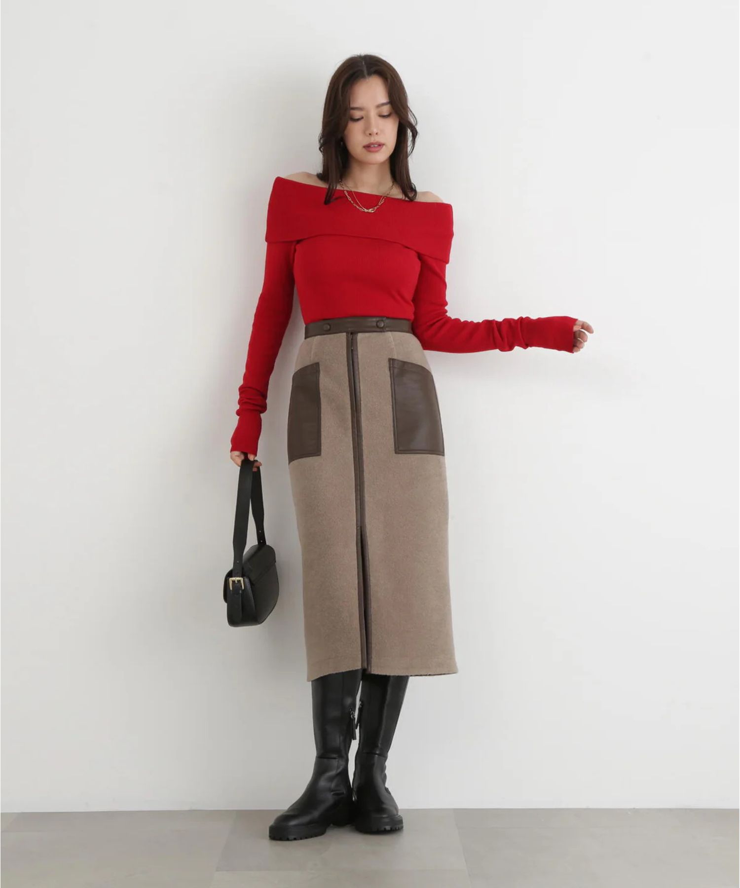 ウールレットジップスカート(トープ)ポリエステル100% / 裏地なし / 前スリット / 0315220106