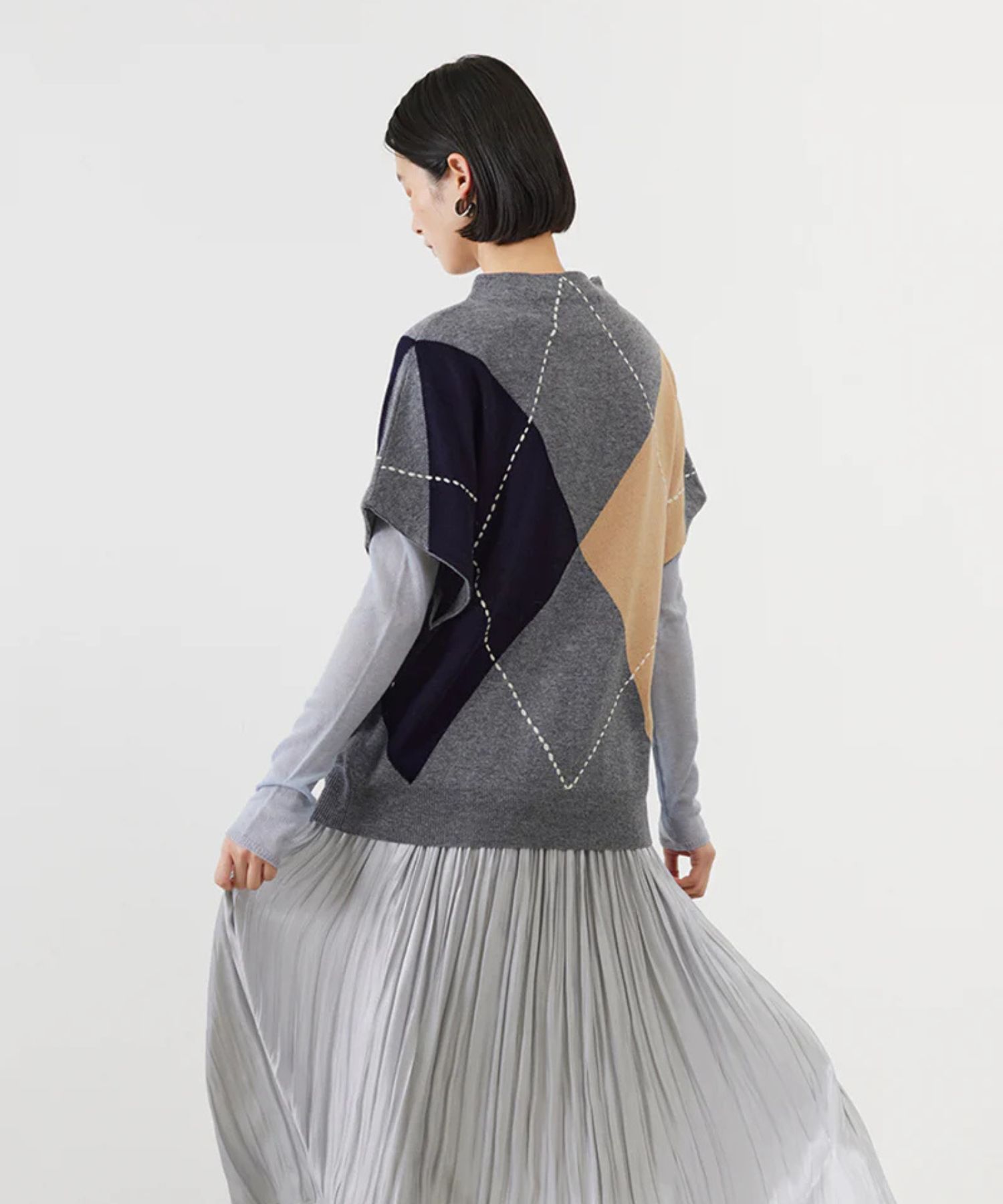ARGYL INTARSIA VEST (CLOUD) 毛 / ハンドステッチ / 柔らかい /  ADWS-501-27