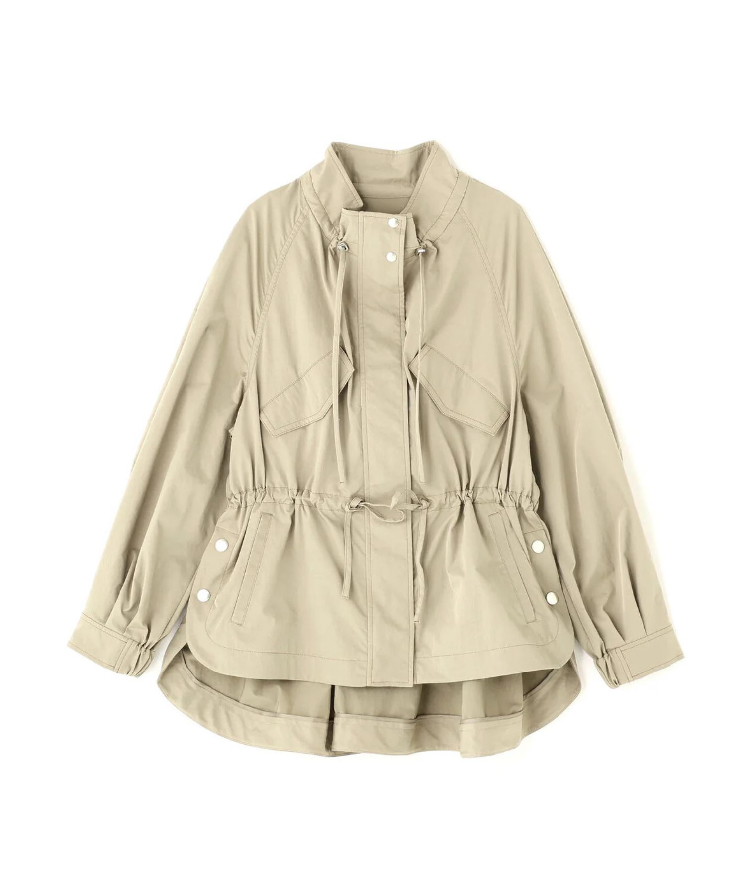 ストレッチツイルマウンテンパーカー(カーキ)ポリエステル / ストレッチあり / 裏無し / 両脇ベンツあき / 前ファスナー開き+ドットボタン / 0316155217